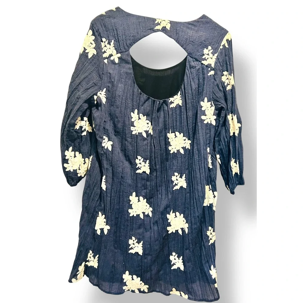 ECI New York Dress Blue Floral Embroidered Cutout Back Midi Women's XL